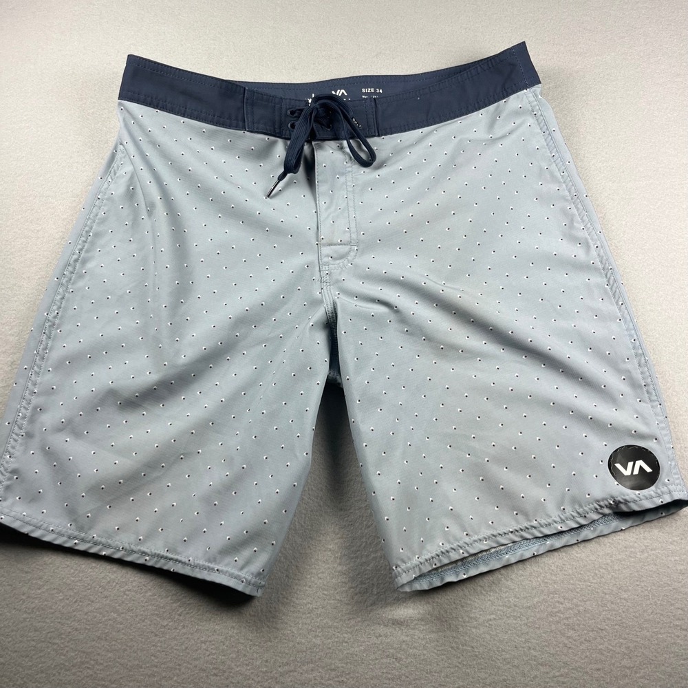 RVCA Industry Mens Board Shorts Size 34 Blue Diamond Print Swim Trunks VA Logo
